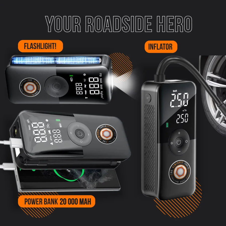 Multi-function portable device with digital display as tire inflator, flashlight, and power bank