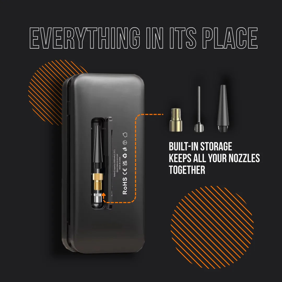 Portable air blower with built-in nozzle storage, multiple nozzles, black background