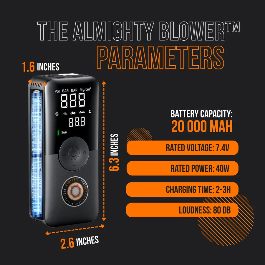 Almighty Blower portable air compressor with digital display, specs, and size dimensions.