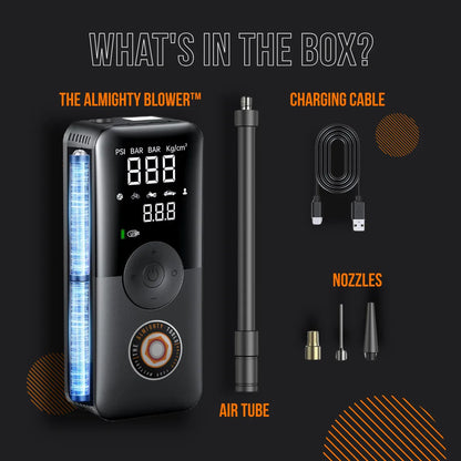 The Almighty Blower air compressor kit with digital display, air tube, charging cable, and nozzles