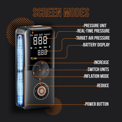 Portable digital tire inflator with LED display, pressure units, and labeled control buttons