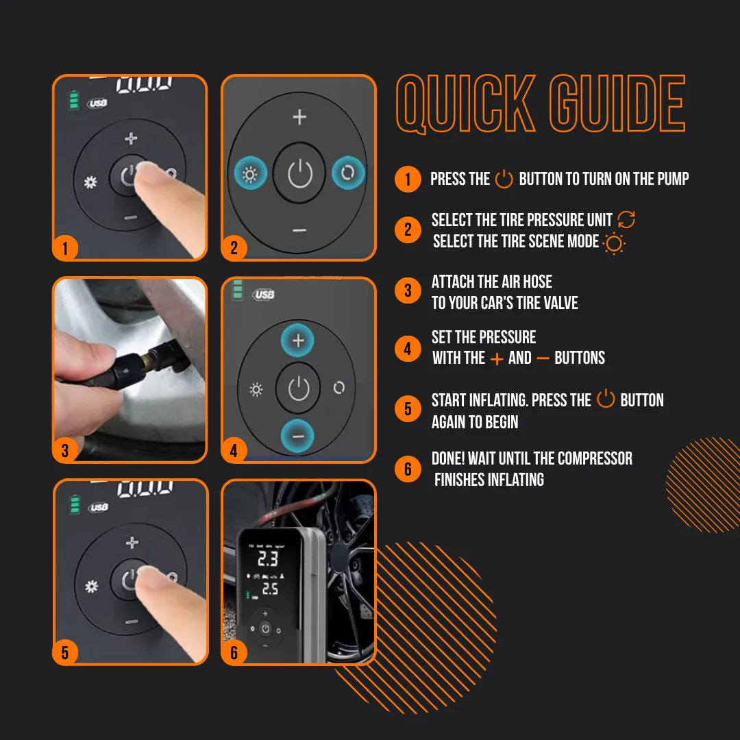 Quick guide showing steps and controls for using a portable tire inflator air pump.