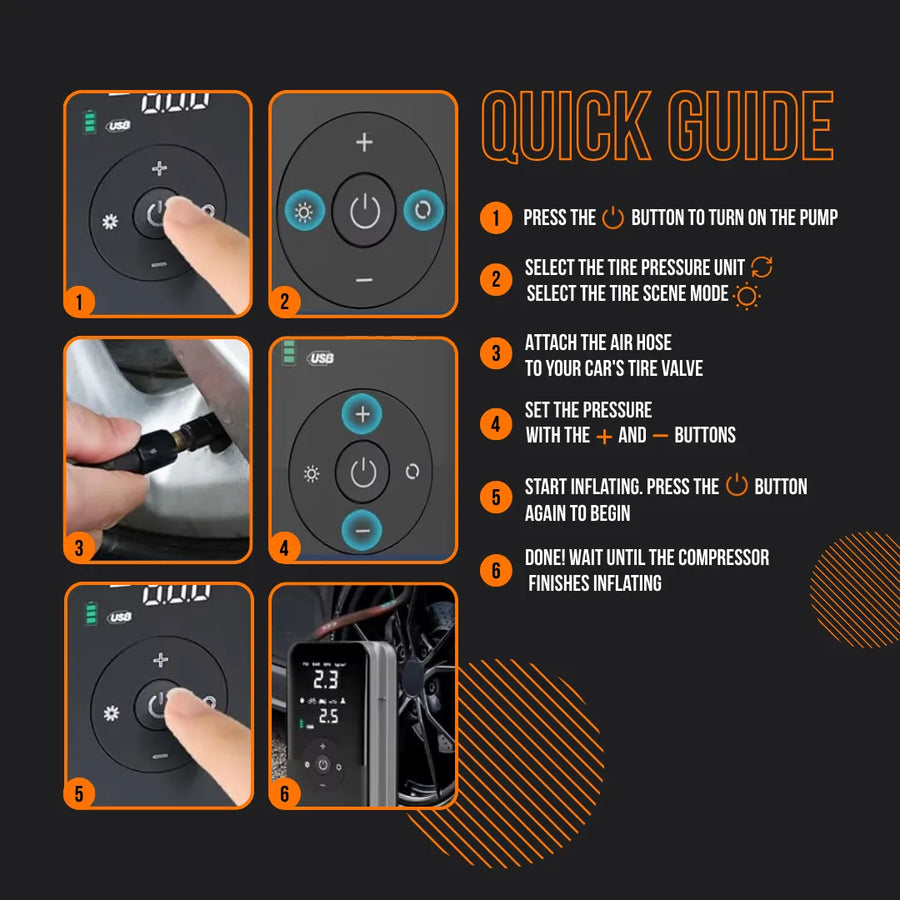Quick guide showing steps and controls for using a portable tire inflator air pump.