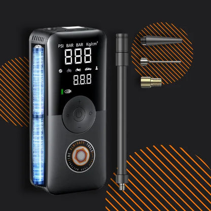 Portable digital tire inflator with LED display, hose, and nozzle adapters on black background