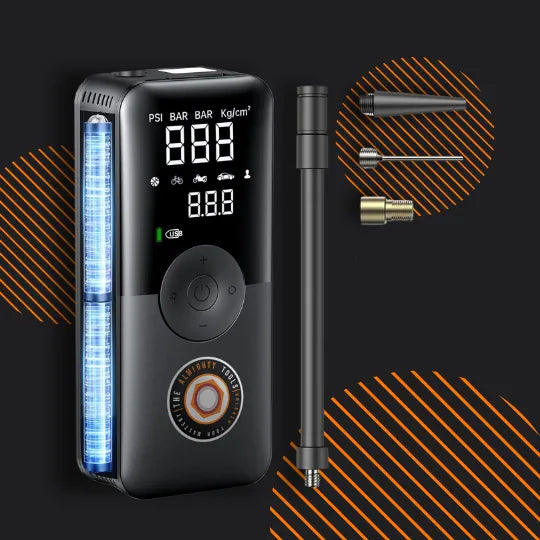 Portable digital tire inflator with LED display, hose, and nozzle adapters on black background