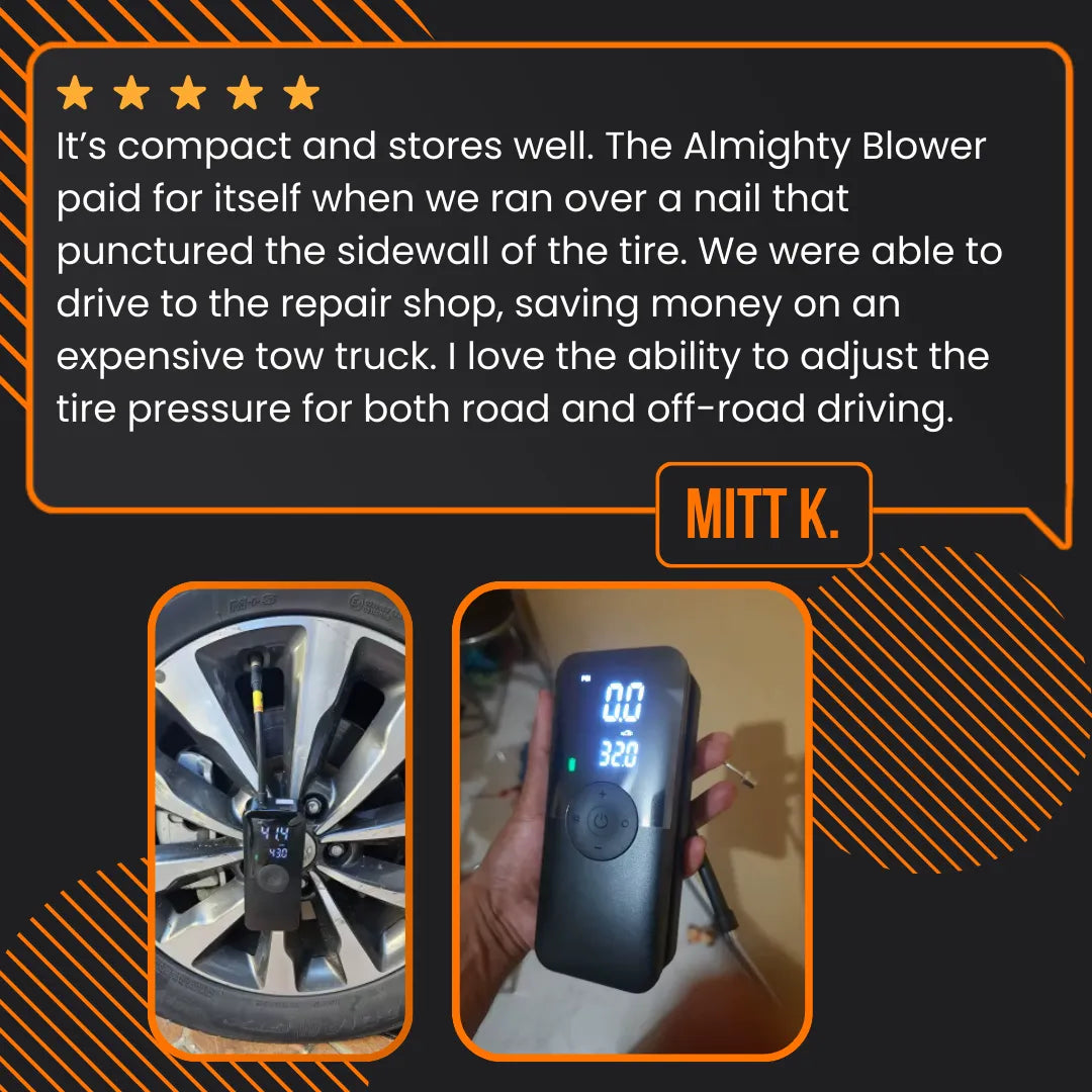 Customer review highlights The Almighty Blower portable tire inflator with display and car tire.