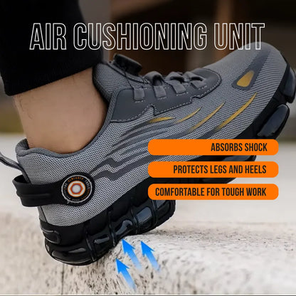Gray work shoe with air cushioning unit, absorbs shock, protects legs, comfortable for work