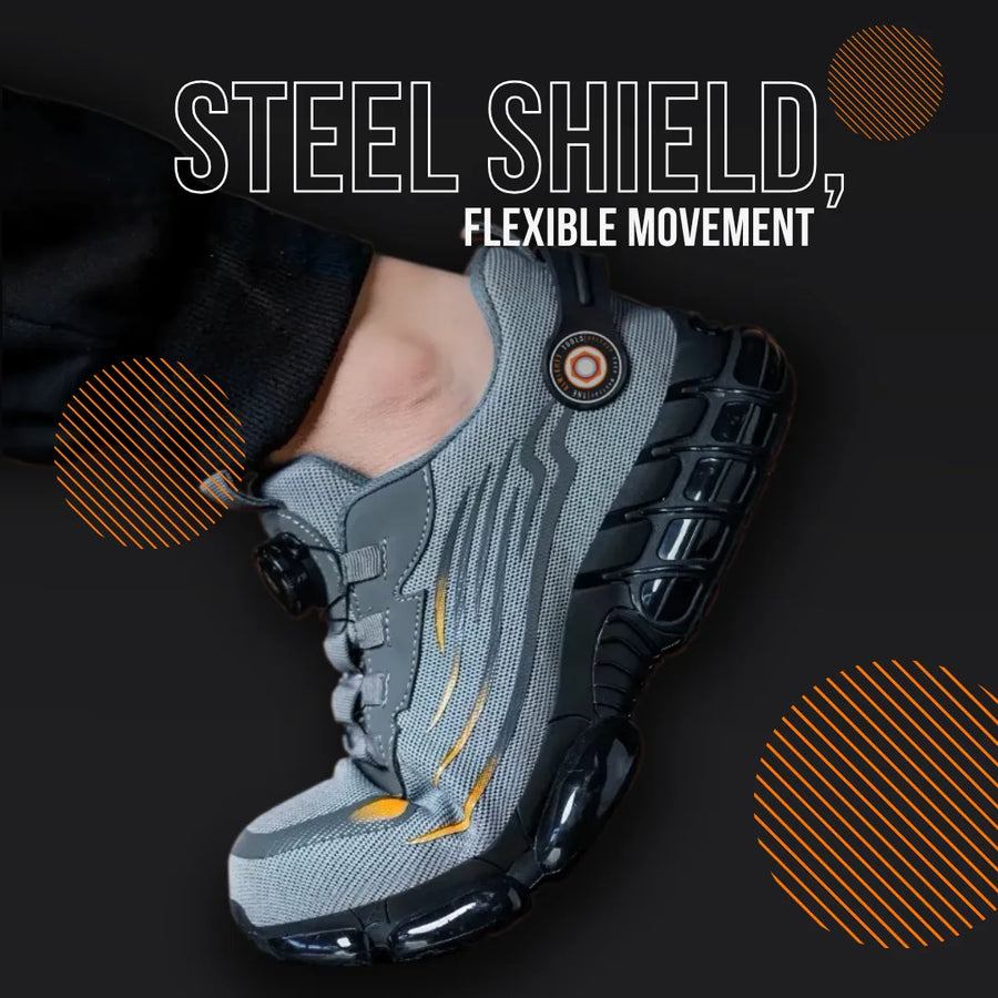 Gray steel-toe work boot with flexible sole and orange accents on a black background