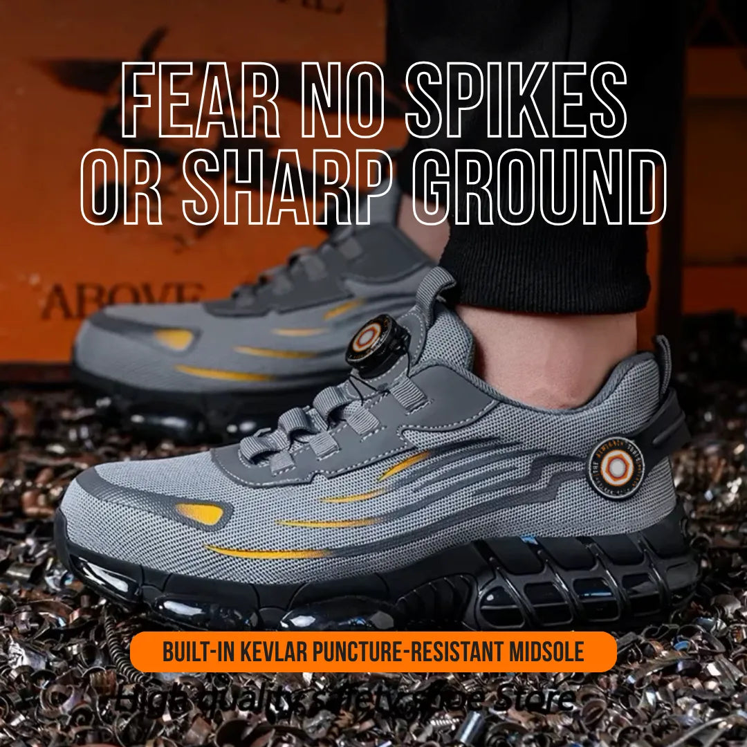 Gray safety shoes with kevlar puncture-resistant sole on sharp metal spikes