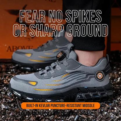 Gray safety shoes with kevlar puncture-resistant sole on sharp metal spikes
