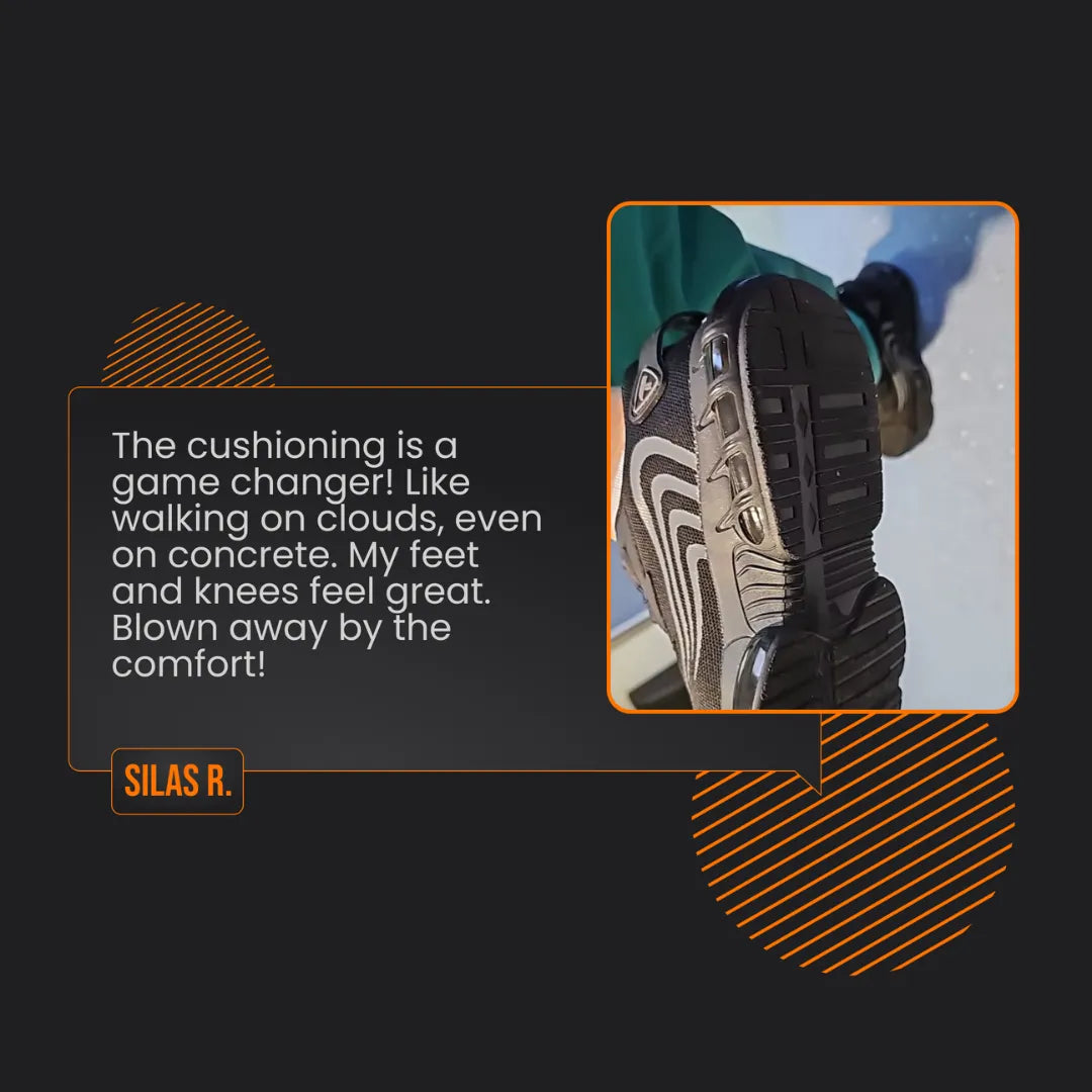 Close-up of black cushioned walking boots with a testimonial on comfort and support.