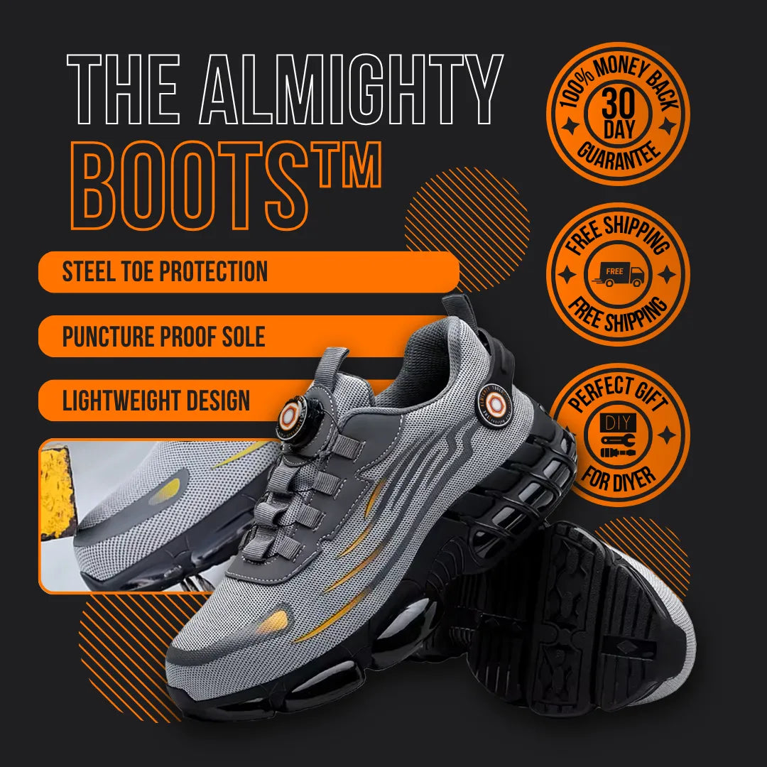 Gray and black almighty boots with steel toe, puncture-proof sole, lightweight design on display