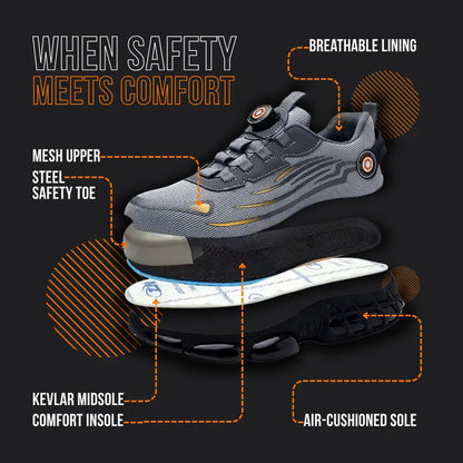 Gray safety sneaker with steel toe, mesh upper, kevlar midsole, air-cushioned sole diagram