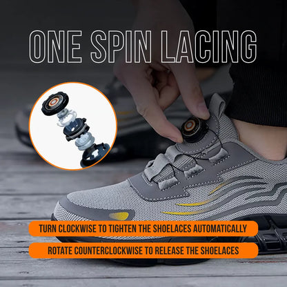 Gray athletic shoe with one spin lacing system, person tightening dial, close-up on mechanism