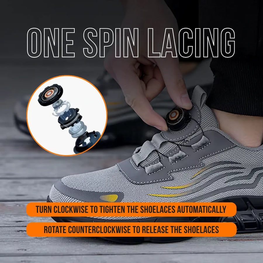 Gray athletic shoe with one spin lacing system, person tightening dial, close-up on mechanism