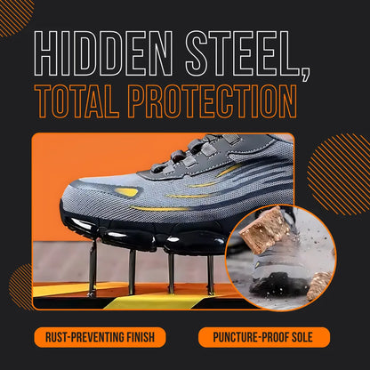 Steel toe safety sneaker with puncture-proof sole on nails, rust-preventing finish, grey color.