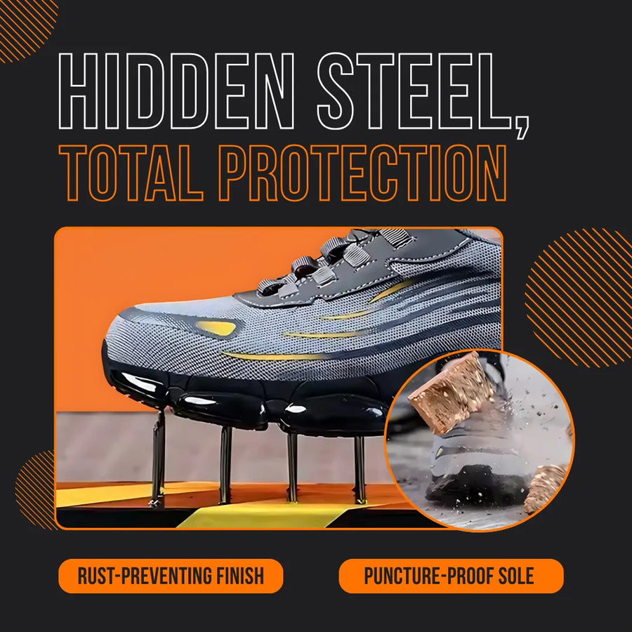 Steel toe safety sneaker with puncture-proof sole on nails, rust-preventing finish, grey color.