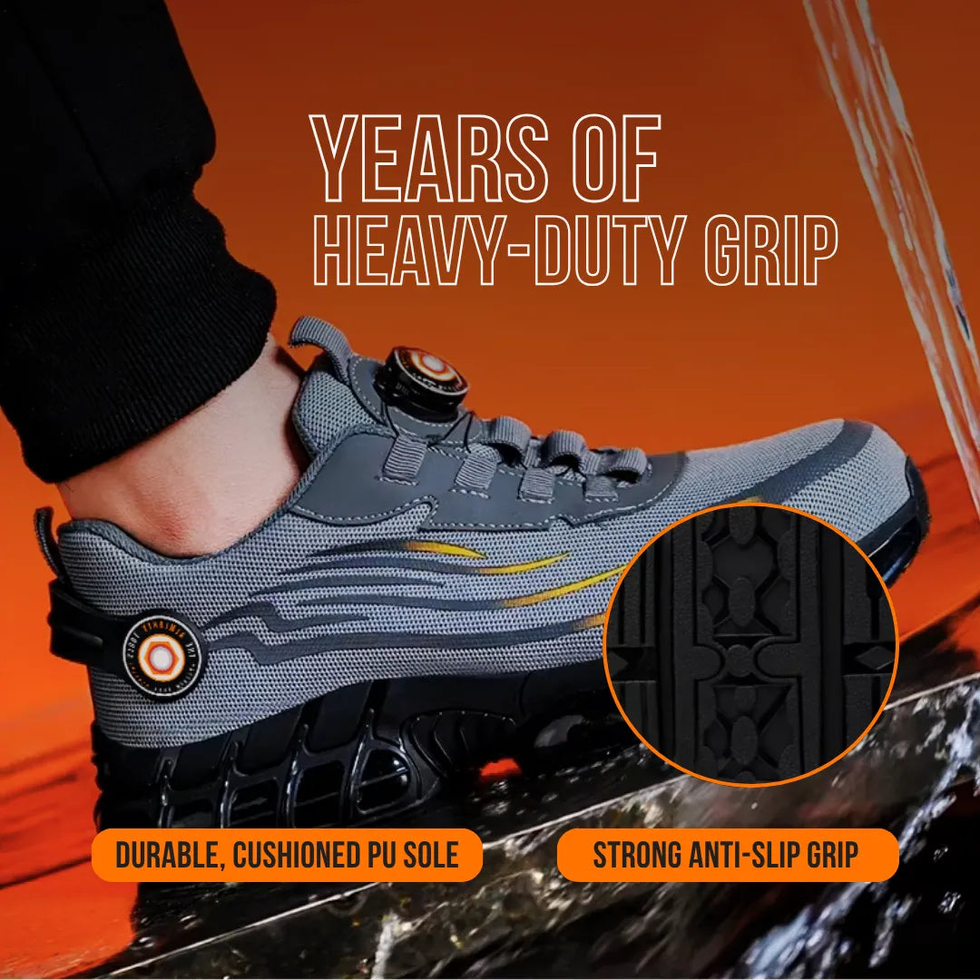 Gray heavy-duty work boot with cushioned PU sole and anti-slip grip on wet surface, orange background