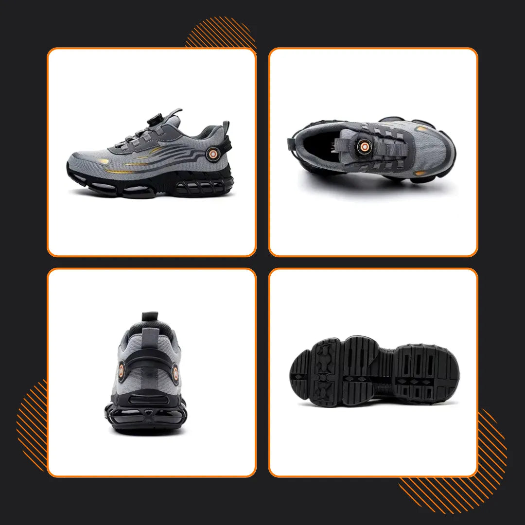 Gray athletic sneakers with chunky black soles, shown front, side, top, and bottom views