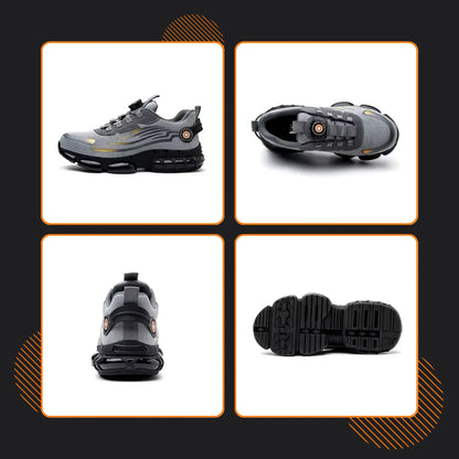 Gray athletic sneakers with chunky black soles, shown front, side, top, and bottom views