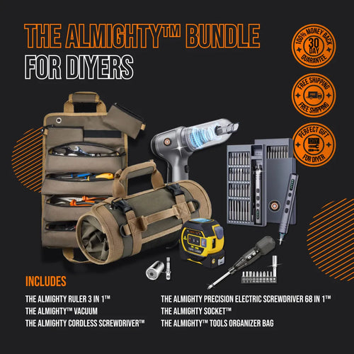 Almighty DIY tool bundle with tool organizer bag, cordless screwdriver, vacuum, and accessories.