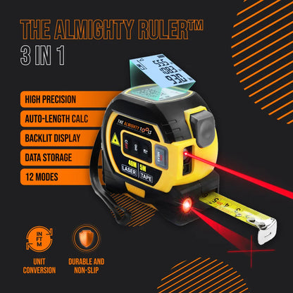 3-in-1 Almighty Ruler laser tape measure with digital backlit display and high precision