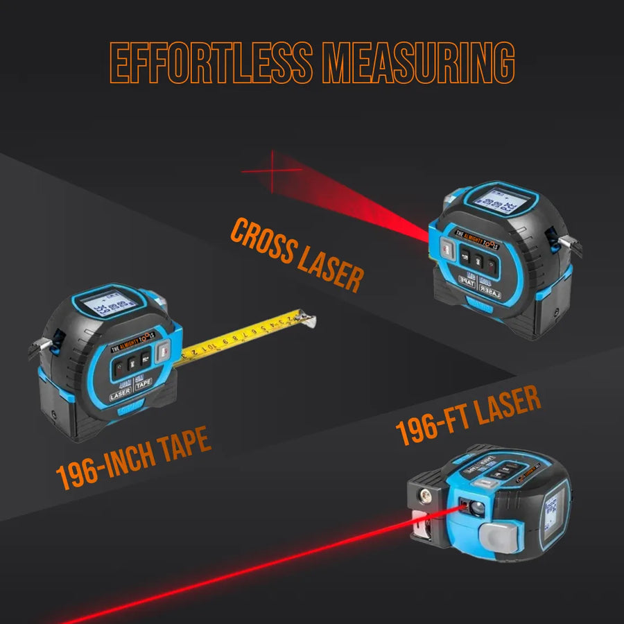 Digital laser tape measure with cross laser, 196-inch tape, and 196-ft laser functions.
