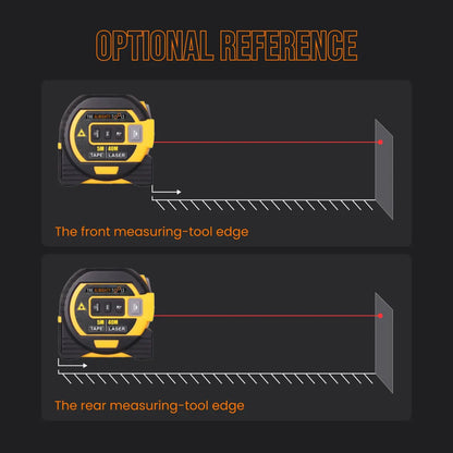Digital laser tape measure showing front and rear edge measuring options diagram.