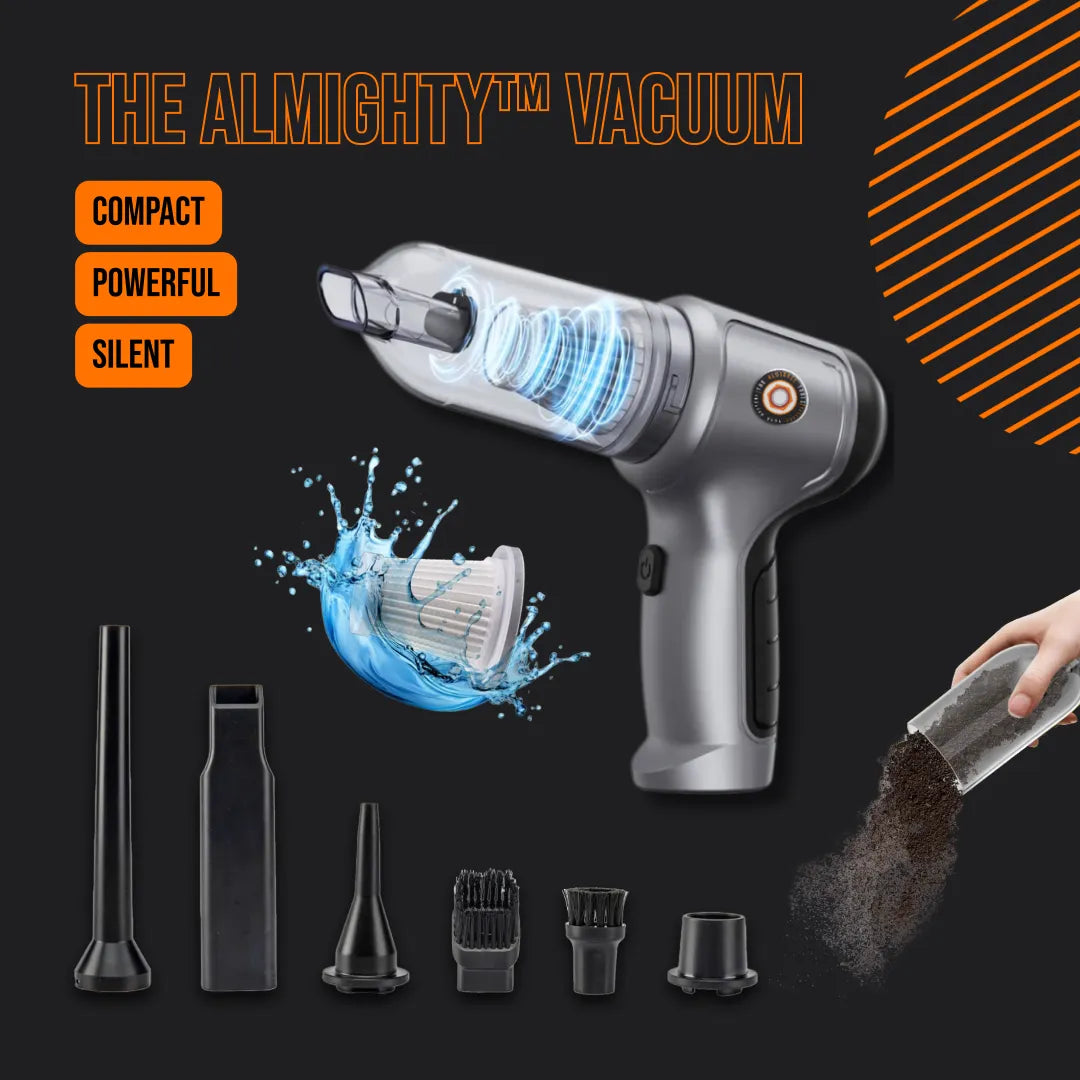 Almighty handheld vacuum cleaner with filter, six nozzles, dust, and water splash on black