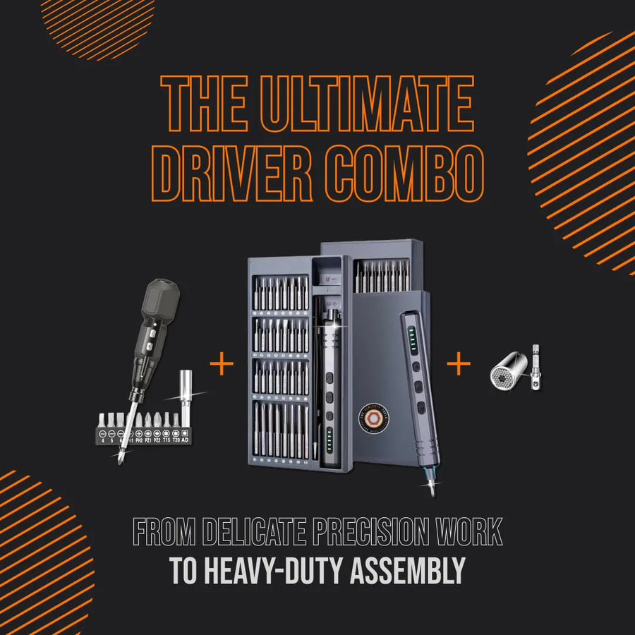 Ultimate driver combo toolkit for DIYers, featuring electric screwdrivers and tool accessories.