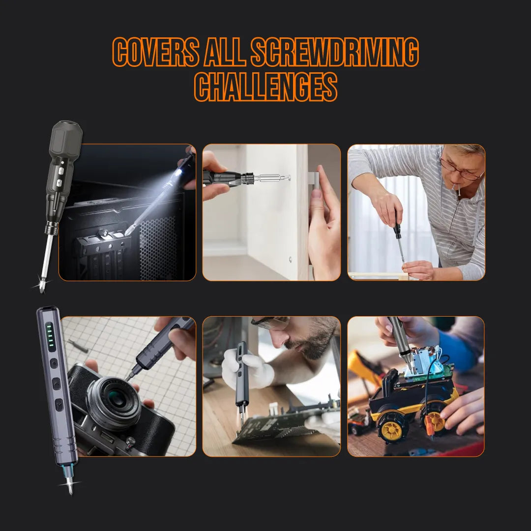 Electric screwdriver kit in use on electronics, wood, camera, circuit board, and toy repair.