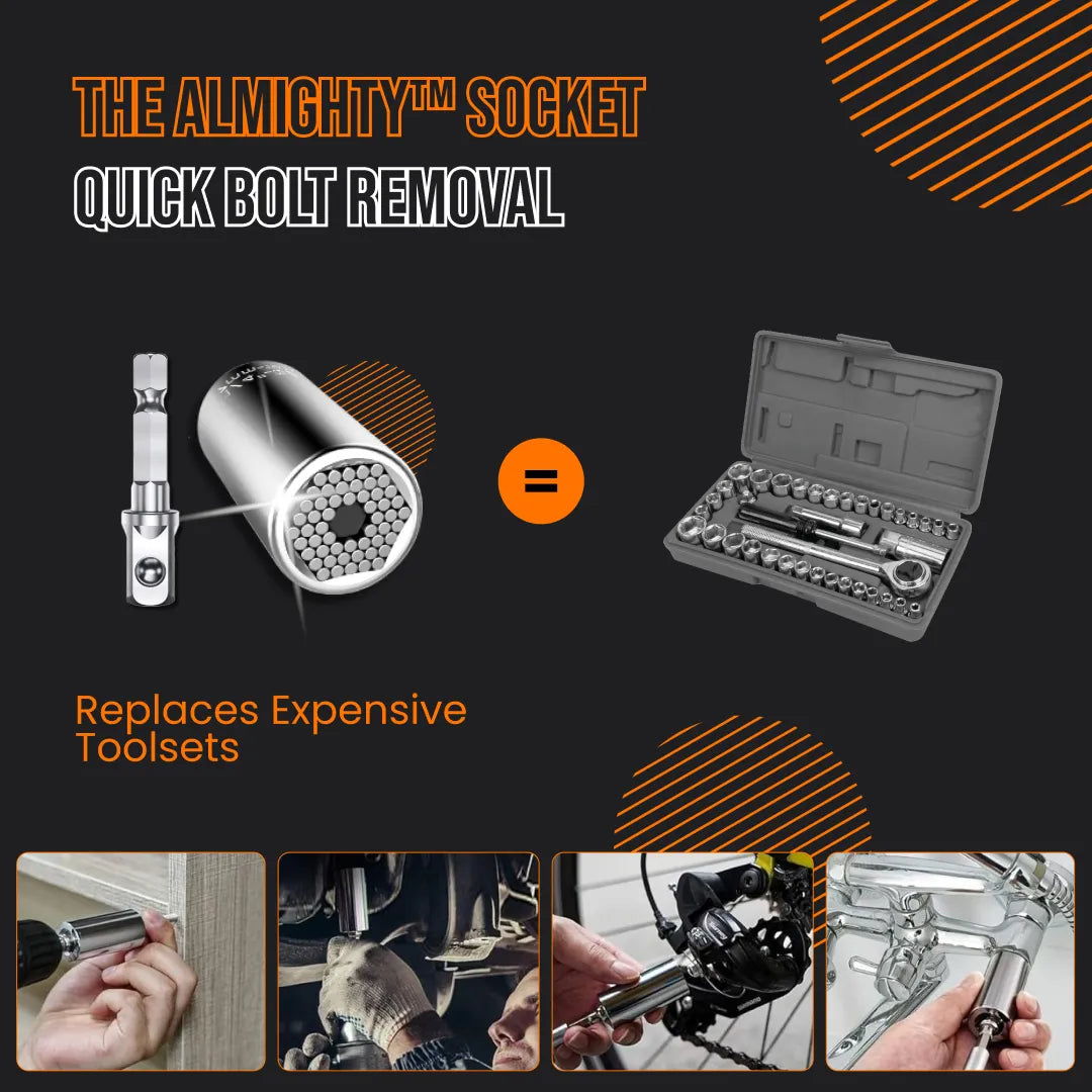 The Almighty Socket universal tool replaces expensive toolsets, shown in use for DIY repairs.