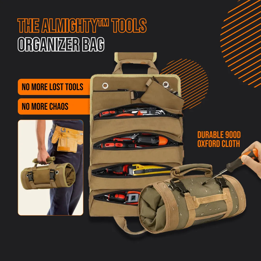 Almighty tool organizer bag for DIYers, 900D Oxford cloth, shown holding hand tools