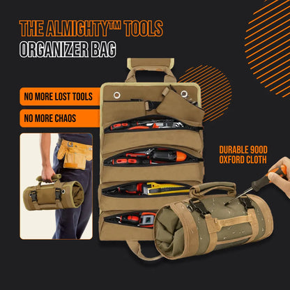 Almighty tool organizer bag for DIYers, 900D Oxford cloth, shown holding hand tools