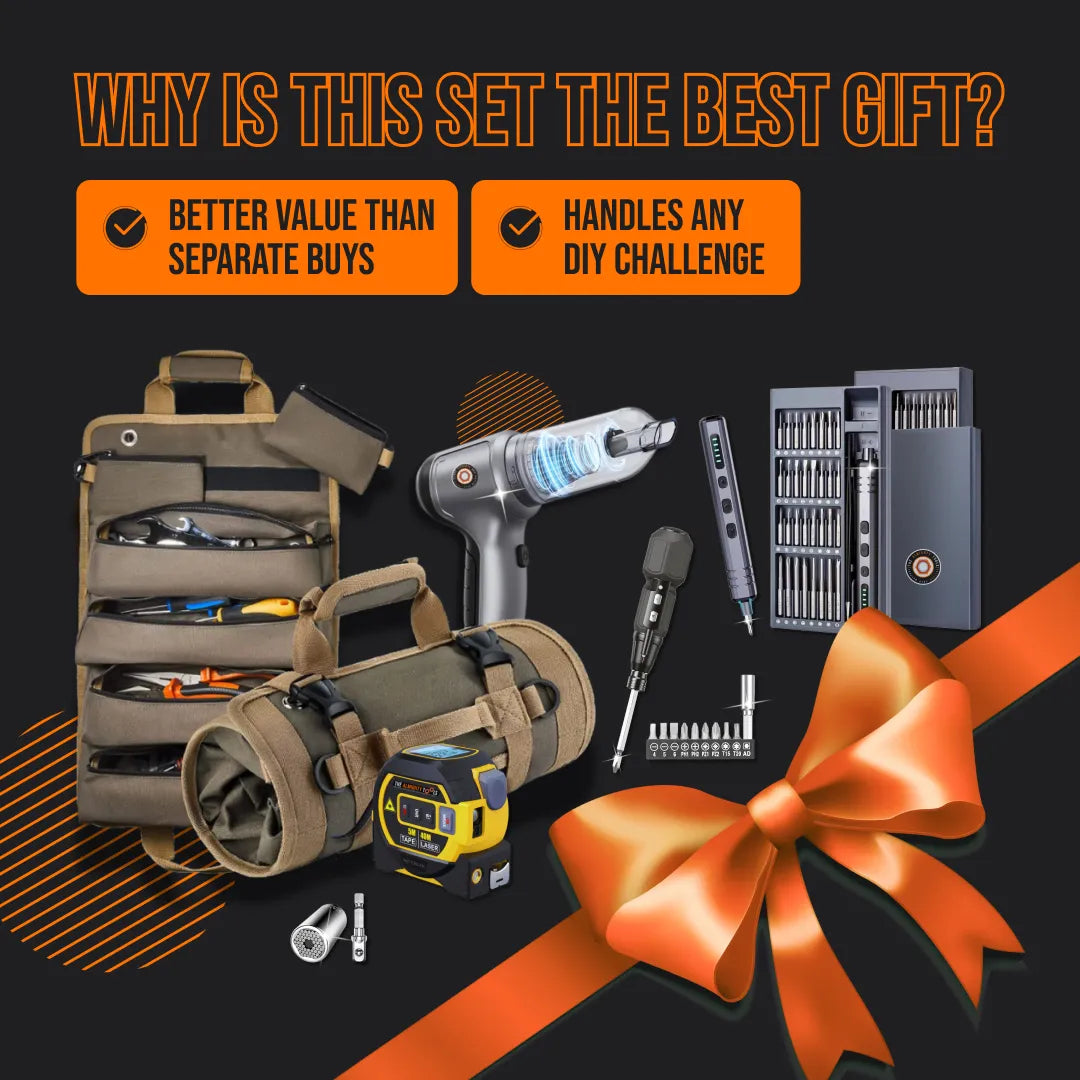 DIY tool gift set with organizer bags, power drill, screwdriver kits, and orange ribbon