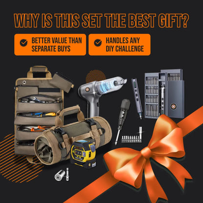 DIY tool gift set with organizer bags, power drill, screwdriver kits, and orange ribbon