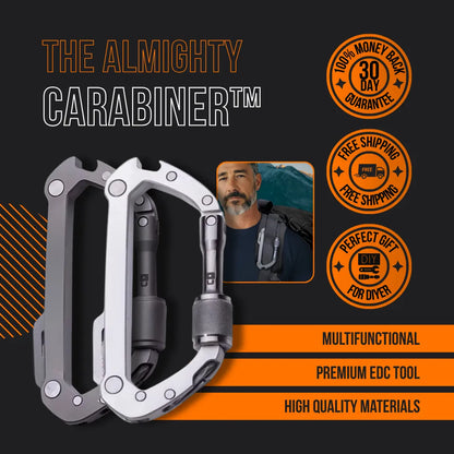 The Almighty Carabiner premium EDC tool with two metal carabiners and man using it outdoors.