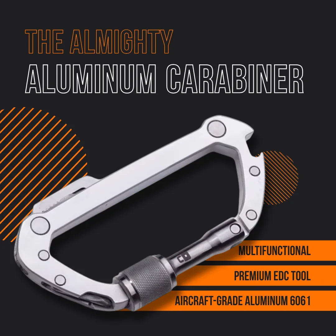 Aluminum carabiner EDC tool made from aircraft-grade 6061 aluminum on black background