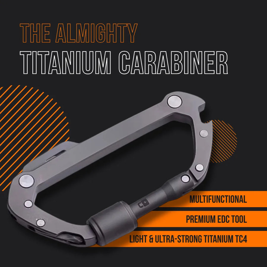 Titanium carabiner multitool on dark background with bold product features and orange accents