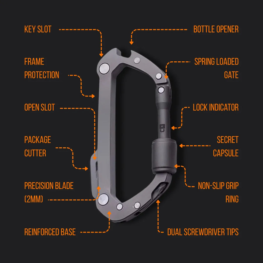 Multi-tool carabiner with key slot, bottle opener, blade, screwdriver, and secret capsule.