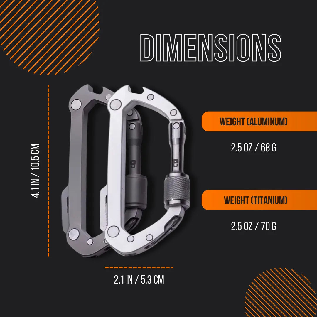 Aluminum and titanium carabiners with dimensions and weight on a dark background.