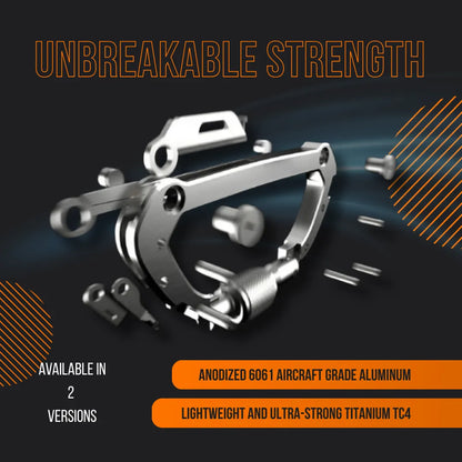 Exploded view of metal carabiner, anodized aluminum or titanium, with 'unbreakable strength' text.