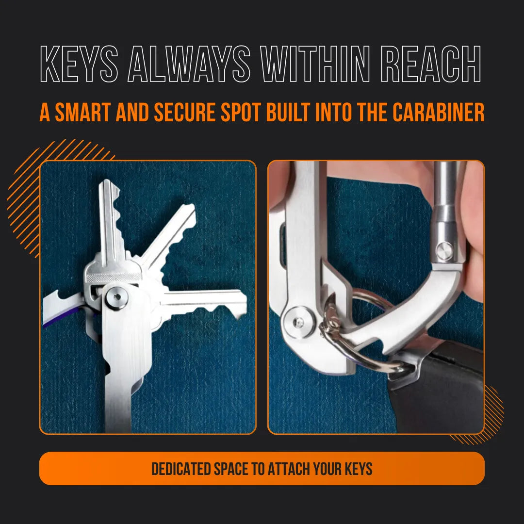 Metal carabiner key holder securely organizing multiple keys on a dark textured surface.