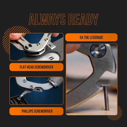 Multitool carabiner with flat head and Phillips screwdrivers, lever action, black background.