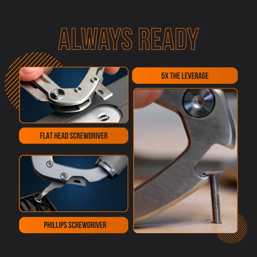 Multitool carabiner with flat head and Phillips screwdrivers, lever action, black background.