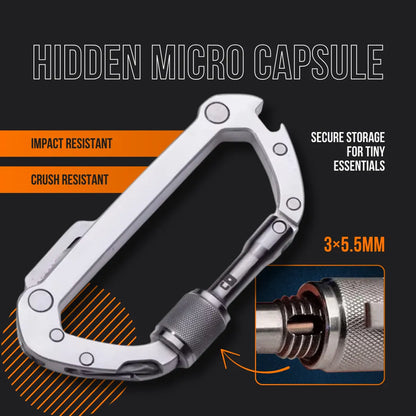 Silver carabiner with hidden micro capsule, impact and crush resistant, 3x5.5mm storage.