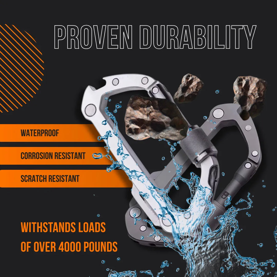 Heavy-duty carabiner with water splash and rocks, showing waterproof and corrosion resistant features.