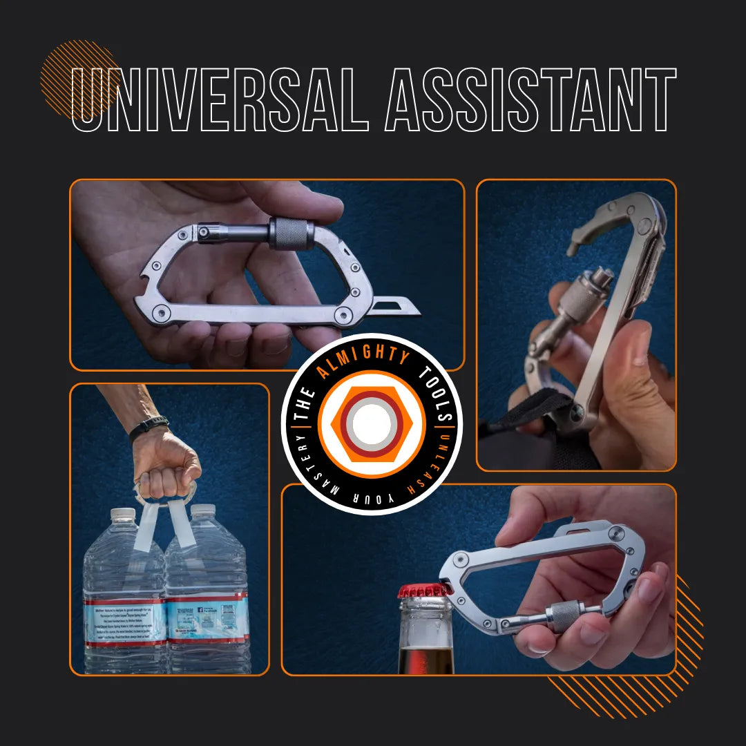 Multi-functional carabiner tool used as bottle opener, handle, and strap clip against blue background.