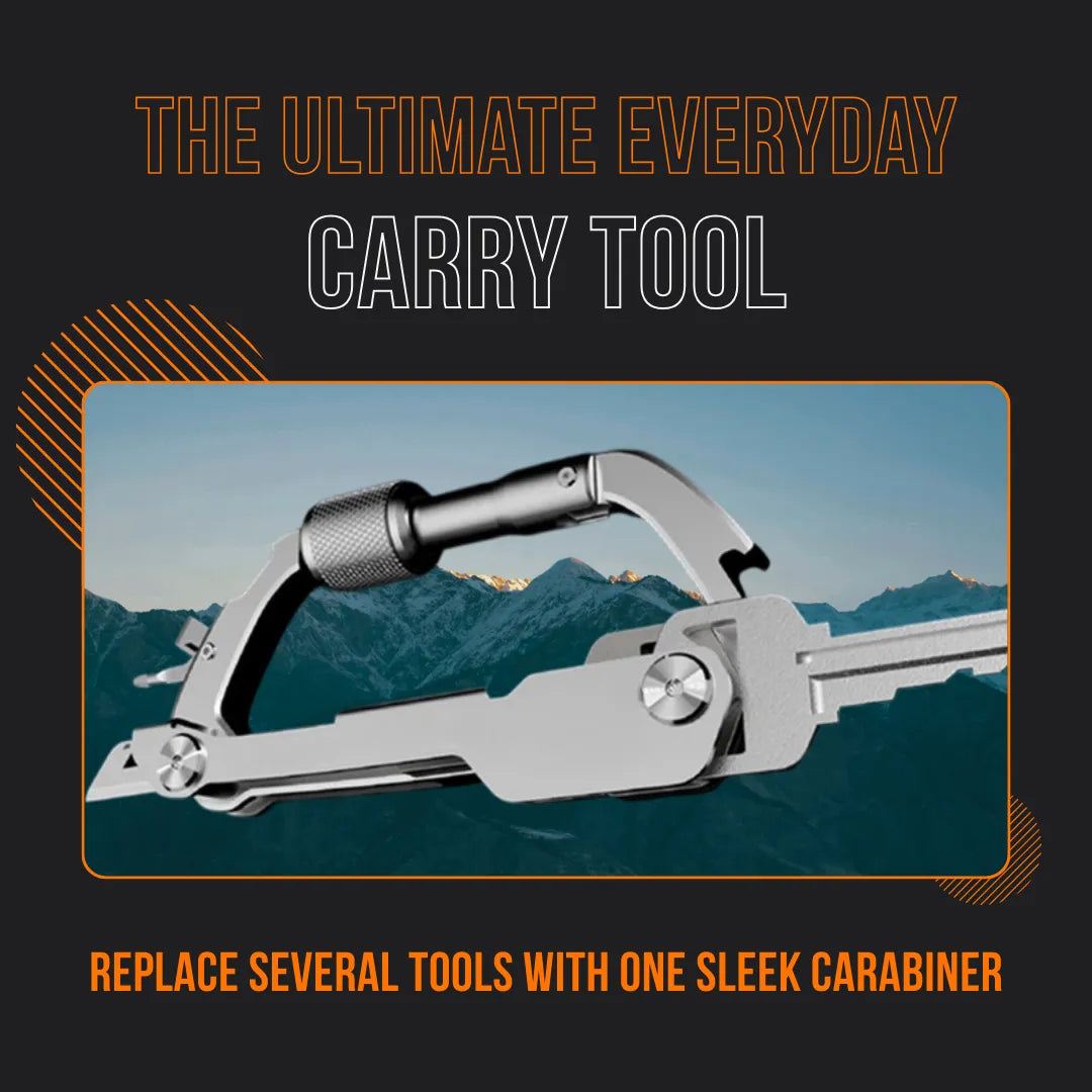 Sleek multi-tool carabiner against mountain backdrop, ultimate everyday carry tool