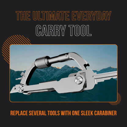 Sleek multi-tool carabiner against mountain backdrop, ultimate everyday carry tool